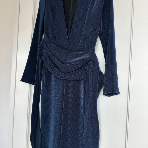 Galvan London Jumpsuit Sz 6 In Midnight Blue Pinstripe Velvet Devoré Plunge Neck - Picture 3 of 9